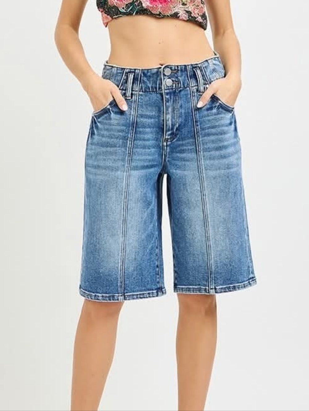 Wide-Leg High-Rise Denim Bermuda Shorts - Blue Wash